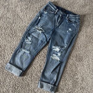 Judy Blue Women's Mid-Rise Cuffed Distressed Boyfriend Jeans